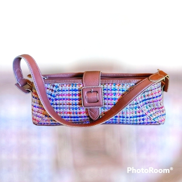 Vtg LIZ CLAIBORNE Y2k Pastel Rainbow Metallic Basket Tweed Carpet Baguette Bag - Picture 1 of 9